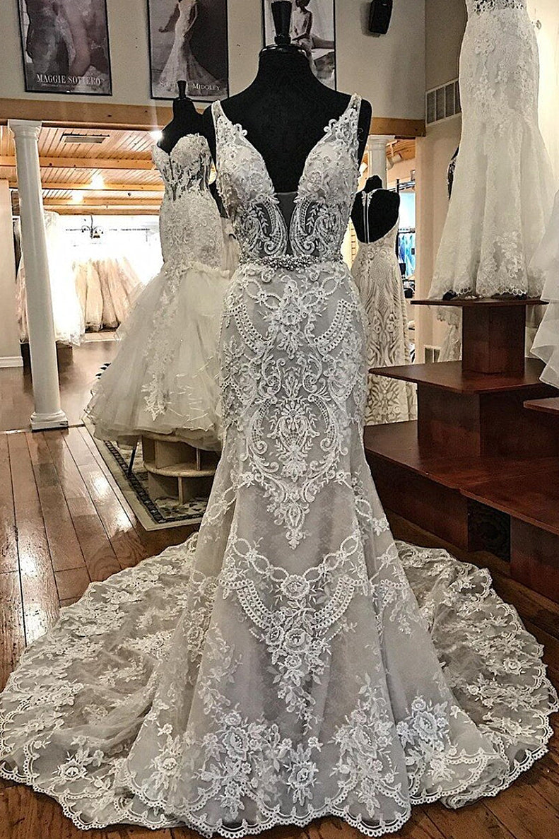 Sheath V-neck Wide Strap Floor Length Backless Tulle Lace Applique Wedding Dresses