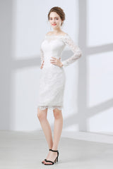 Sheath White Lace Off The Shoulder Long Sleeve Prom Dresses