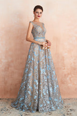 Sheer A-Line Lace Sequin Jewel Long Prom Dresses with Crystals