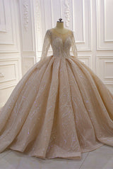 Shiny Ball Gown Tulle Jewel Long Sleevess Ruffless Wedding Dress