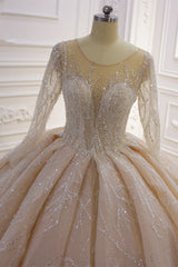 Shiny Ball Gown Tulle Jewel Long Sleevess Ruffless Wedding Dress