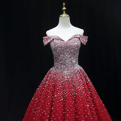 Shiny Red Sequins Pretty Long Formal Dress, Dark Red Sweet 16 Dresses