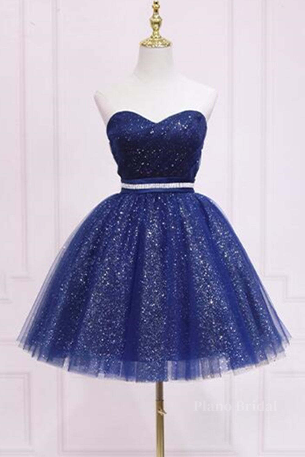 Shiny Strapless Sweetheart Neck Blue Short Prom Homecoming Dress with Belt, Sparkly Blue Formal Evening Dress