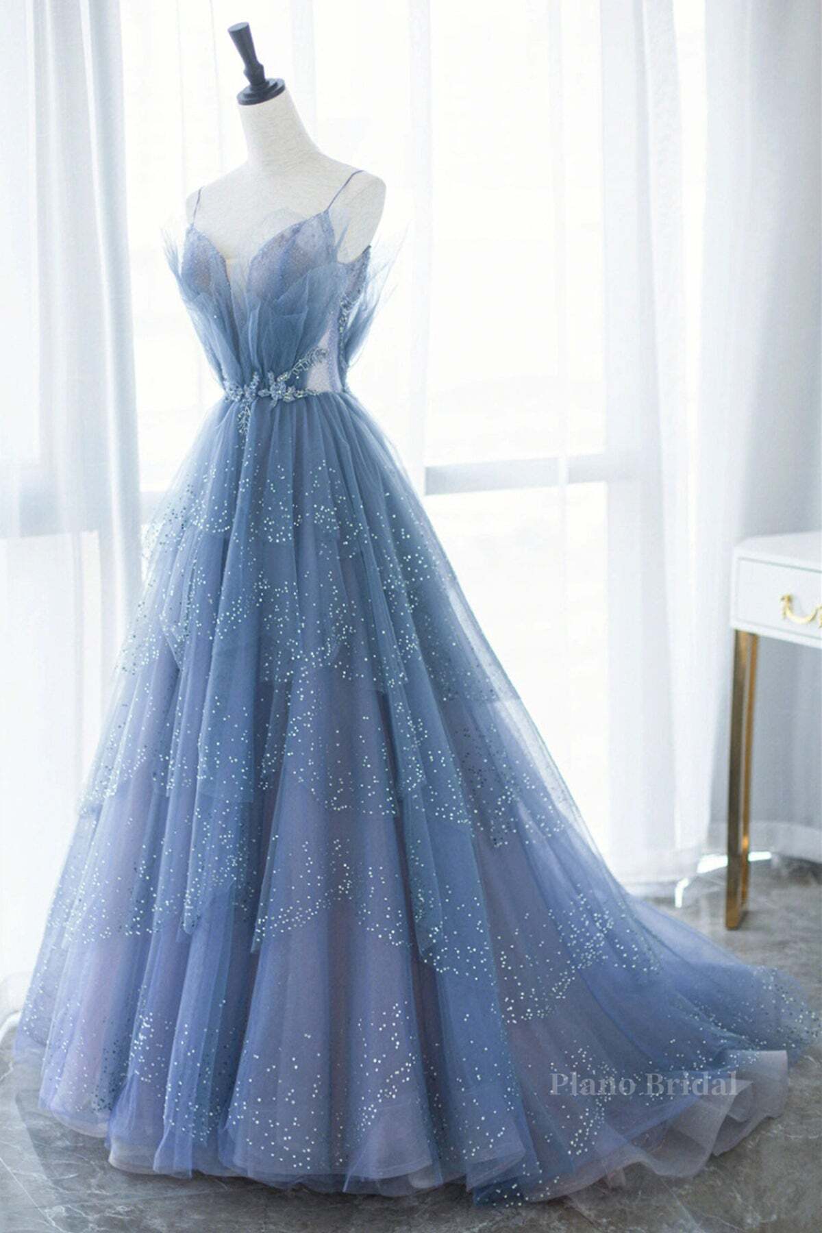Shiny Tulle V Neck Blue Long Prom Dress, Blue Tulle Formal Evening Dress, Blue Ball Gown