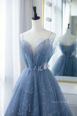 Shiny Tulle V Neck Blue Long Prom Dress, Blue Tulle Formal Evening Dress, Blue Ball Gown