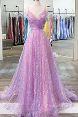 Shiny V Neck Backless Long Purple Prom Dress, Backless Lilac Formal Graduation Evening Dress