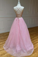 Shiny V Neck Backless Pink Long Prom Dress, Backless Pink Formal Graduation Evening Dress