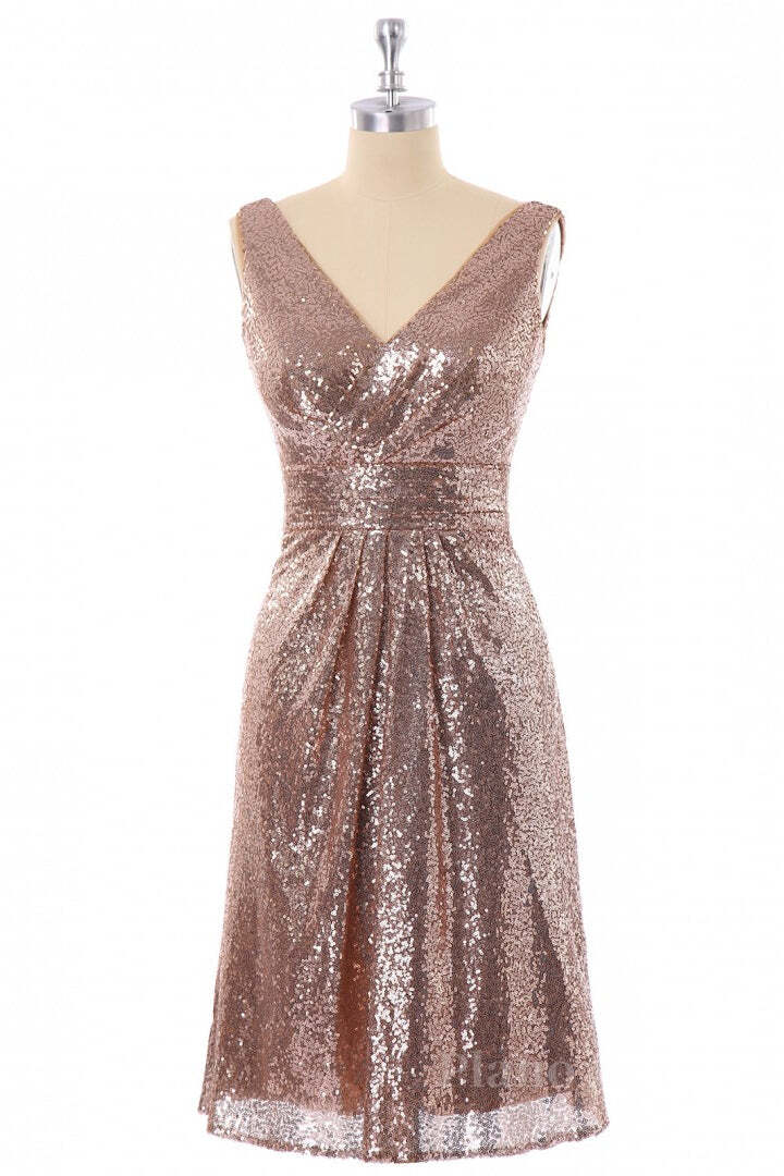 Short Rose Gold Sequin A-line Bridesmaid Dress