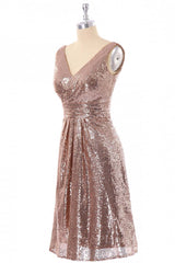 Short Rose Gold Sequin A-line Bridesmaid Dress