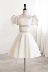 Short White Beaded Prom Dresses, Short White Beaded Formal Homecoming Dresses