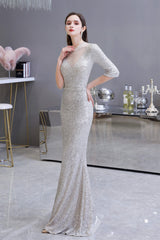 Silver Long sleeves Long Prom Dresses