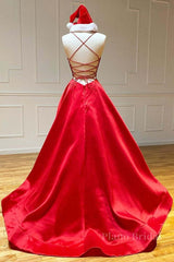 Simple A Line V Neck Backless Red Long Prom Dress, Backless Red Fromal Dress, Red Evening Dress