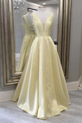 Simple A Line V Neck Open Back Yellow Long Prom Dresses, Yellow Formal Evening Dresses