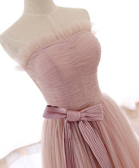 Simple Pink Fashionable Scoop Tulle Long Wedding Party Dress with Bow, Pink Long Formal Dress