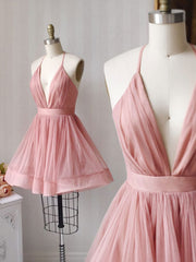 Simple Pink Tulle Short Prom Dress, Aline Pink Bridesmaid Dress