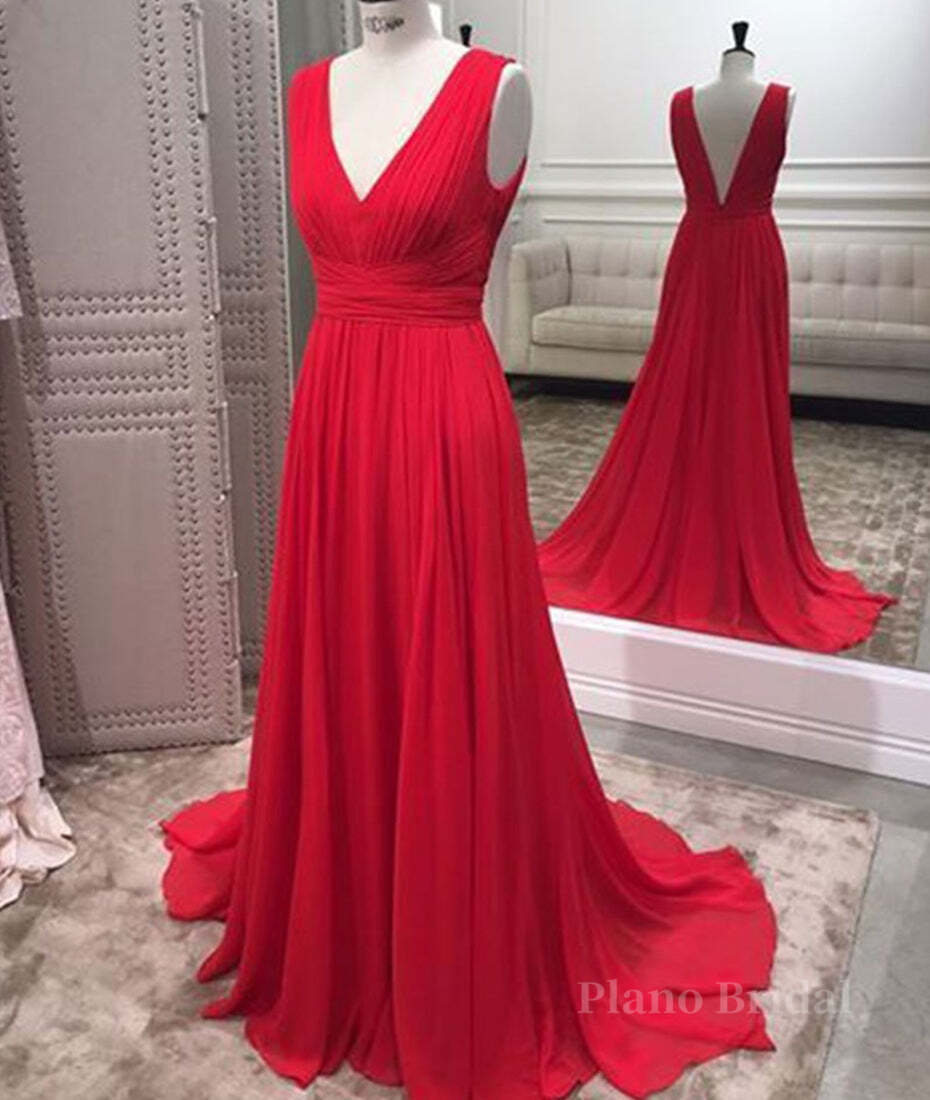 Simple Red V Neck and V Back Chiffon Long Prom Dress, V Neck Red Long Evening Dress, Red Formal Dress, Graduation Dress