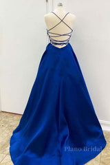Simple V Neck Backless Royal Blue Satin Long Prom Dress, Royal Blue Backless Formal Dress, Royal Blue Evening Dress, Ball Gown