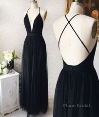 Simple v neck black tulle long prom dress, black evening dress