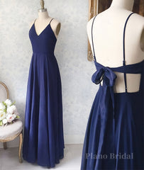 Simple v neck blue long prom dress, blue evening dress