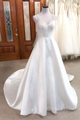 Simple white v neck satin long wedding dress white bridal dress