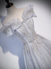 Sliver-Grey Shiny Tulle Off Shoulder  Prom Dress, Sliver Long Party Dresses