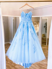 Spaghetti Straps Backless Blue Lace Prom Dresses, Open Back Blue Lace Formal Evening Dresses