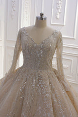 Sparkle Lace Long Sleevess Champange Luxurious corset Wedding Dress
