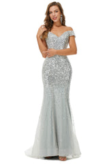 Sparkle Silver Mermaid Beaded Cap Sleeves Off-The-Shoulder Prom Dresses