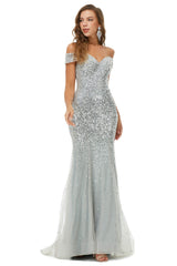 Sparkle Silver Mermaid Beaded Cap Sleeves Off-The-Shoulder Prom Dresses