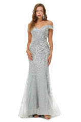 Sparkle Silver Mermaid Taed Caple Sleages Off-the-Houlder Dresses Prom Vestidos