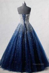 Sparkly Strapless Blue Prom Dresses, Strapless Blue Long Formal Evening Dresses