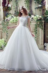 Strapless Appliques Lace Train Wedding Dresses With Crystals