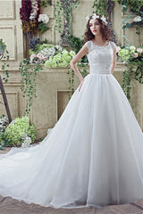 Strapless Appliques Lace Train Wedding Dresses With Crystals