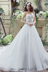 Strapless Beading Train Wedding Dresses With Crystals