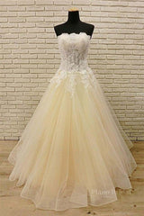 Strapless Champagne Long Prom Dresses with Lace Appliques, Champagne Lace Formal Evening Dresses