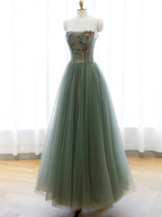 Strapless Green Tulle Floral Long Prom Dresses, Green Tulle Floral Formal Evening Dresses