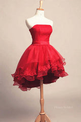 Strapless High Low Red Lace Prom Dress, High Low Red Homecoming Dress, Short Red Lace Formal Graduation Evening Dress