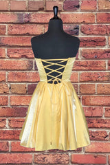 Strapless Lace-Up Yellow Satin Homecoming Dress,Short Cocktail Dresses