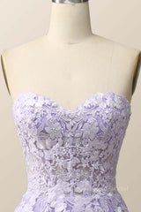 Strapless Lavender and White Floral Embroidered Formal Dress