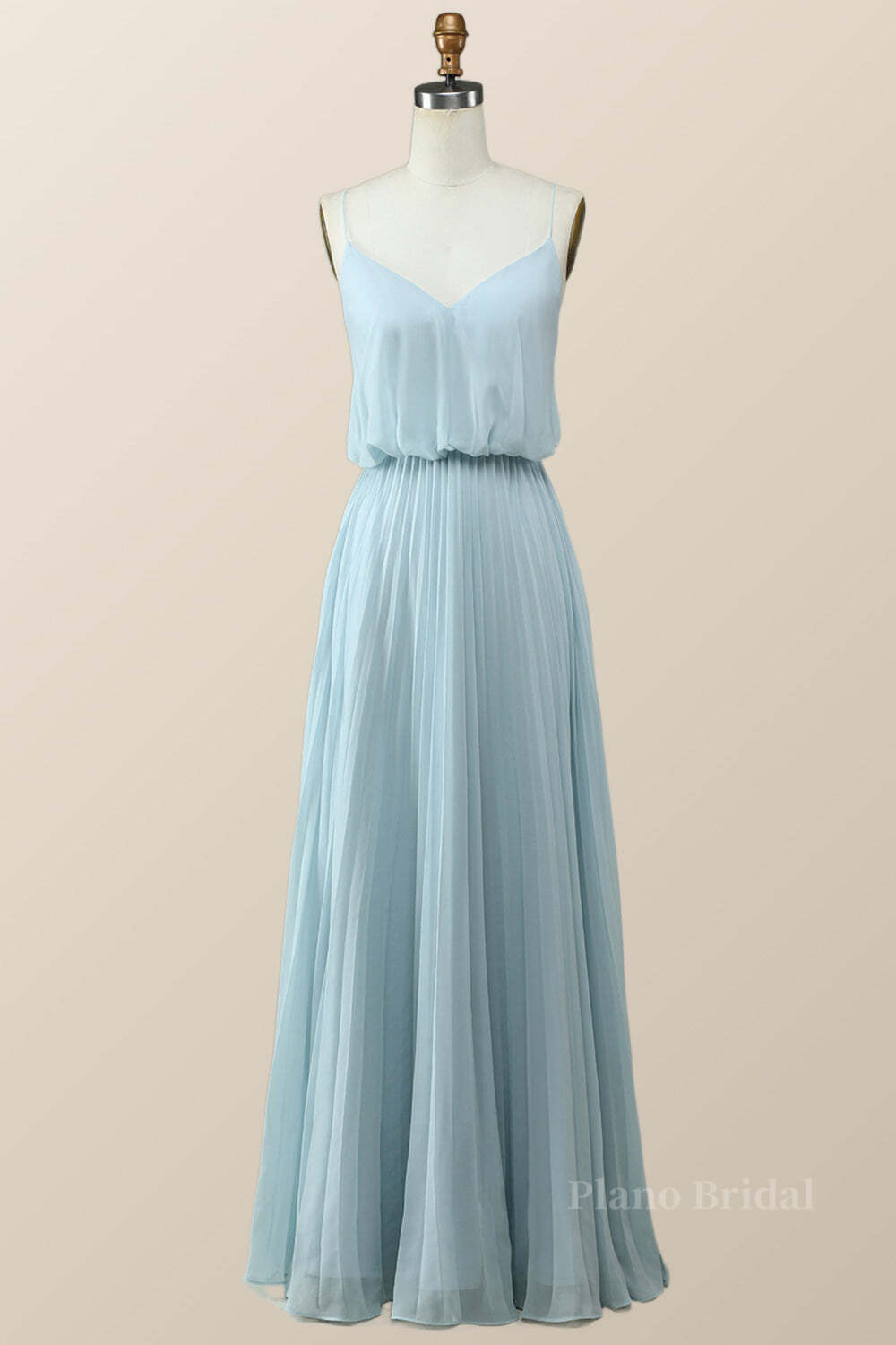 Straps Blue Pleated Full Length Dress