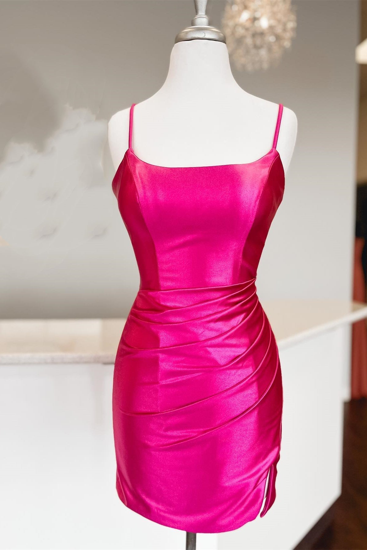 Straps Fuchsia Ruched Bodycon Homecoming Dress