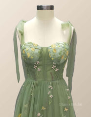 Straps Green Floral Short Princess Dress