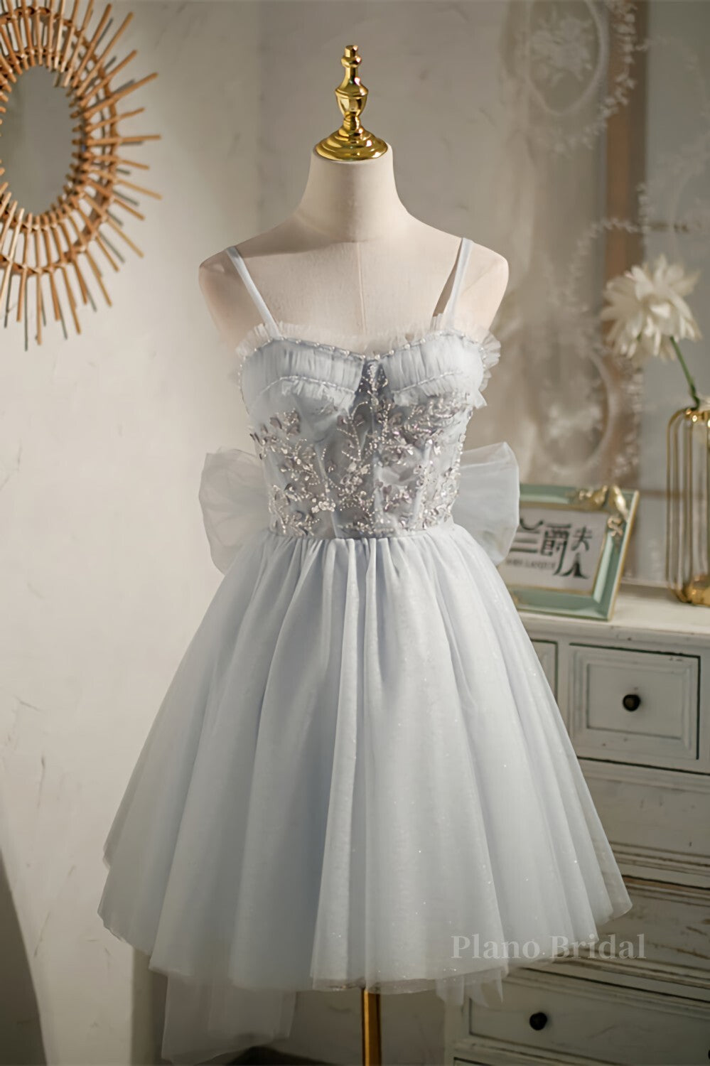 Straps Grey Tulle Beaded Short Homecoming Dress