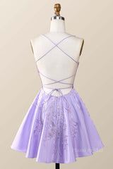 Straps Lavender Lace Appliques A-line Short Dress
