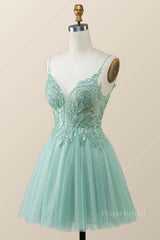 Straps Mint Green Tulle A-line Short Homecoming Dress