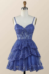 Straps Navy Appliques Tiered Layered Short Princess Dress