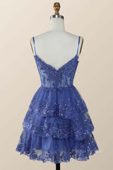 Straps Navy Appliques Tiered Layered Short Princess Dress