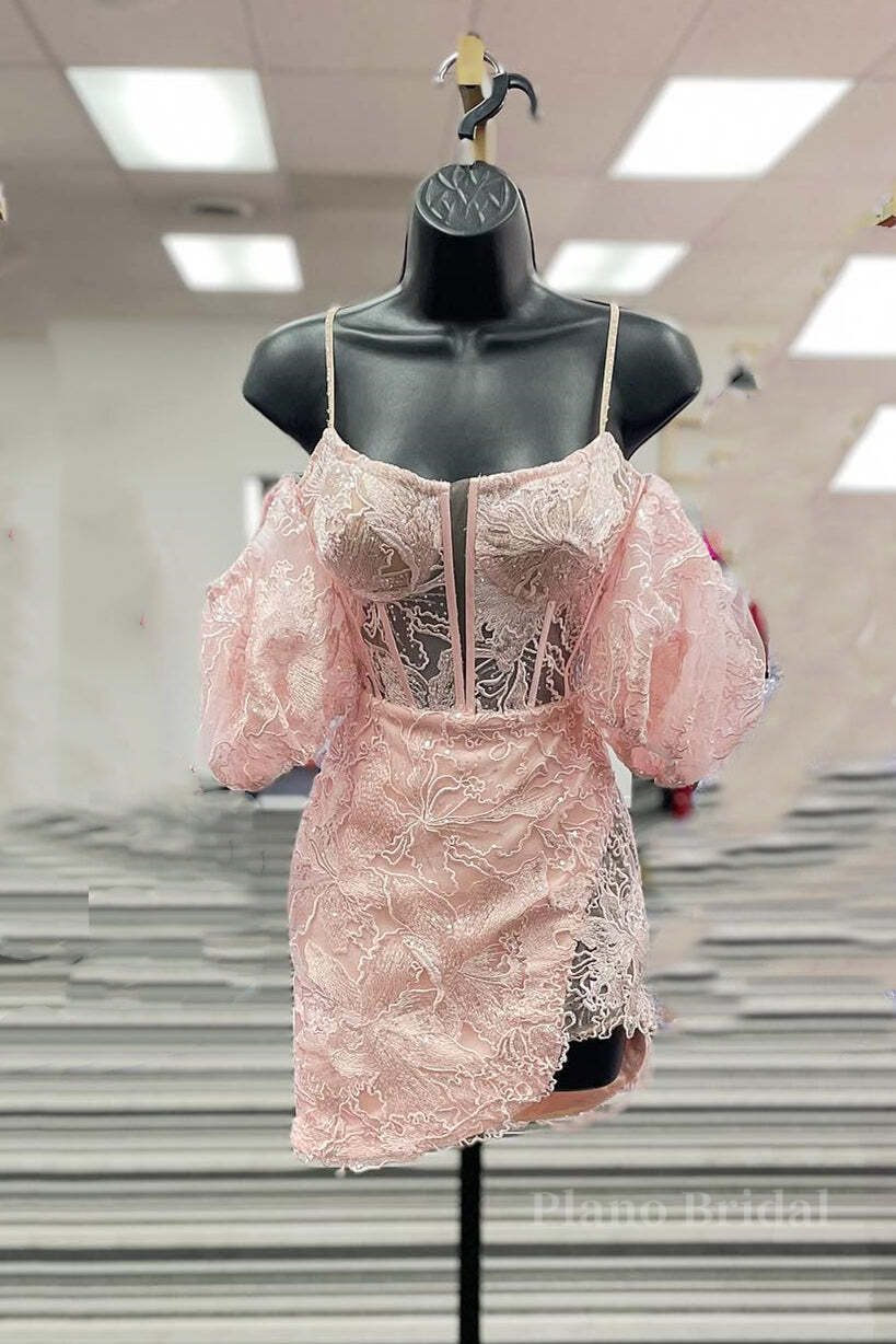 Straps Pink Lace Appliques Tight Mini Dress