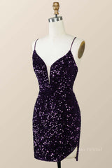 Straps Purple Sequin Tight Mini Dress with Slit