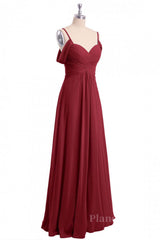 Straps Wine Red A-line Pleated Chiffon Long Bridesmaid Dress